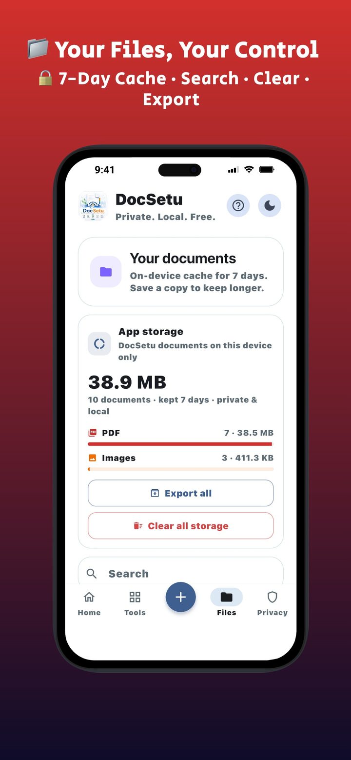 On-device files hub — 7-day PDF cache in DocSetu
